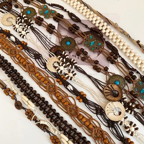 Bohemian Handmade Woven Wood Bead Waist Chain Belt Ethnic Butterfly Tassel Adjustable Dress Decoration For Women