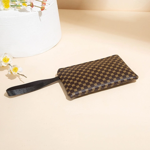 Women Fashion PU Leather Clutch Bag Printed Monogram Woven Pattern Wristlet Wallet Zipper Portable Handbag Organizer For Daily Travel