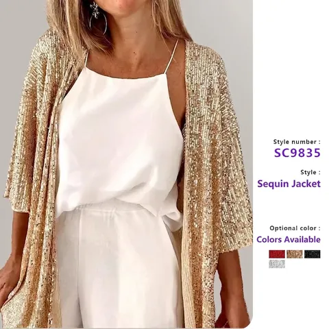 Women Sequin Cardigan Jacket Open Front Loose Long Sleeve Shiny Mesh Outerwear Plus Size Party Glamorous Tops