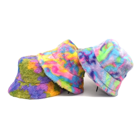 Colorful Tie-Dye Faux Fur Bucket Hat Winter Warm Thickened Plush Basin Hat For Women Men Adjustable Foldable