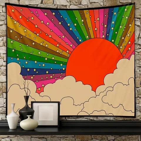 Arazzo Bohemien Appeso A Parete Poliestere Retro Pop Art Motivo Arcobaleno Sole Stella Arredamento Camera Letto Soggiorno