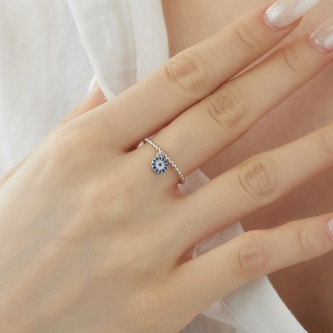 925 Sterling Silver Evil Eye Ring For Women Sparkling Blue White Zirconia Inlaid Round Pendant Beaded Band Fashion Jewelry Gift