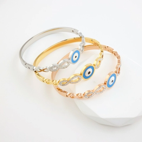 Bracciale Rigido In Acciaio Inossidabile Da Donna Con Malocchio Blu E Simbolo Dell Infinito Con Strass Elegante