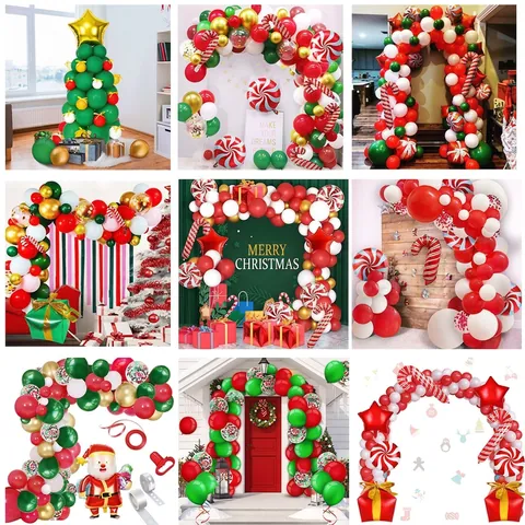 Christmas Balloon Garland Arch Kit Latex Aluminum Foil Candy Cane Santa Clause Star Holiday Party Decor Assembly Accessories