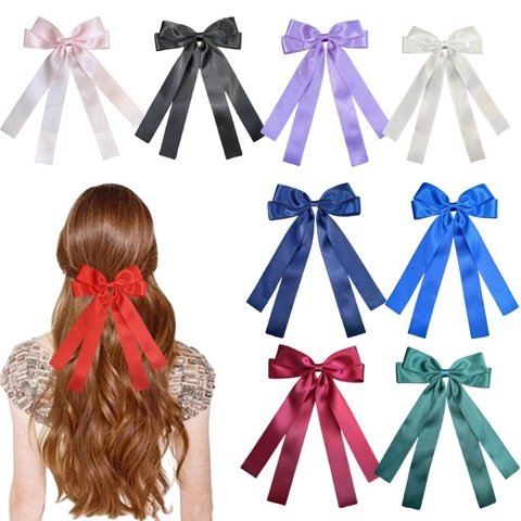 Large Satin Ribbon Bow Hair Clips With Long Streamers Double Layer Satin Hair Bows Elegant Hair Accessories For Girls Women