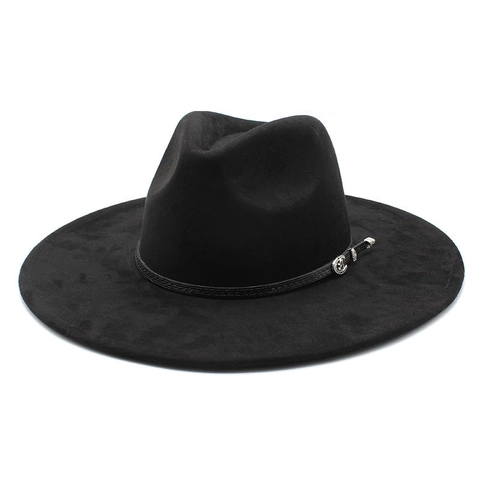 Women Wide Brim Fedora Hat Suede Polyester Felt Vintage Retro Western Cowboy Hat Metal Buckle Belt Outdoor Sunshade