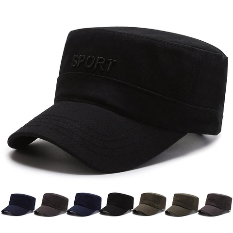Berretto Cadet A Tetto Piatto In Cotone Ricamo Sport Protezione Solare Regolabile Stile Militare Cappello Da Uomo