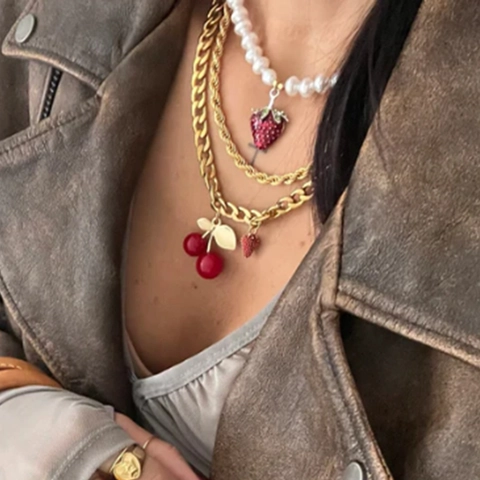 Red Cherry Strawberry Pendant Necklace Stainless Steel Faux Artificial Pearl Multi Layered Gold Plated Fashion Retro Women Jewelry