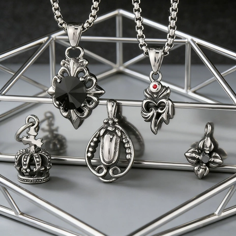 Collana Con Ciondolo Gotico Punk In Acciaio Inossidabile Vintage Corona Croce Fiore Cuore Strass Gioielli Per Uomo
