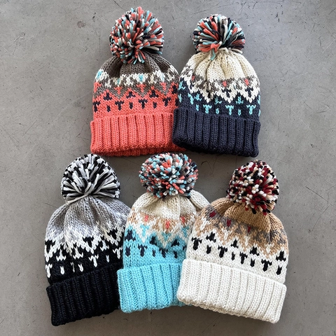 Women Winter Warm Acrylic Knit Beanie Hat Mixed Color Geometric Diamond Jacquard Pattern With Pom-pom Cold Weather Skull Cap