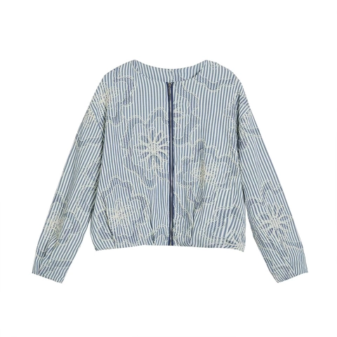 Damen Langarm Gestreifte Jacke Blumenstickerei Wollähnlich Reißverschluss Lässige Oberbekleidung Mode Mantel