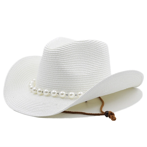 Cappello Di Paglia Western Cowboy Con Catena Di Künstliche Perle Protezione Solare Spiaggia Corda Antivento Regolabile Tesa Larga