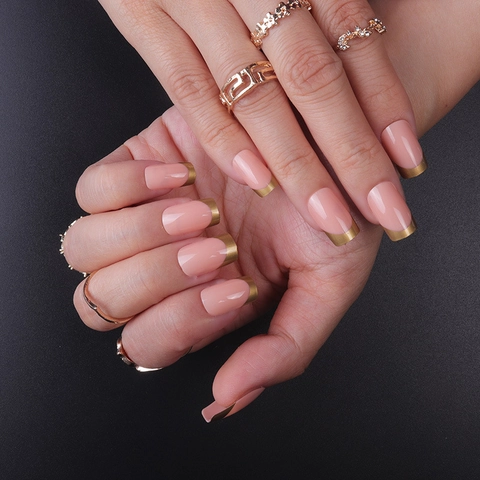 Uñas Postizas Press On Nails French Tip Medio Largo Cuadrado Borde Dorado Brillante Uñas Artificiales Para Mujeres