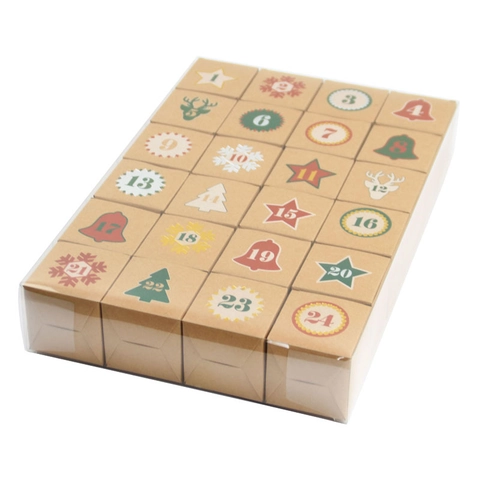 Christmas Advent Calendar Kraft Paper Square Boxes With Transparent PVC Outer Cover For Holiday Countdown Candy Gift Packaging