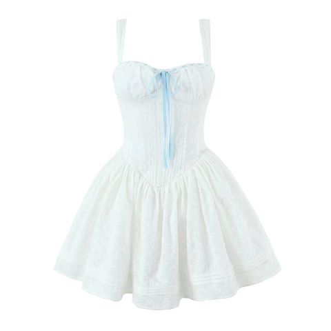 Mini Abito Bianco Pizzo Cotone Fiocco Nastro Blu Dolce Stile Lolita Senza Maniche Cami Scollo Cuore Schiena Scoperta Donna