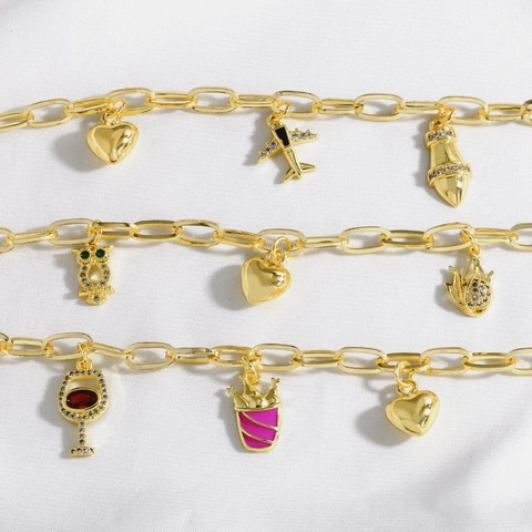 Bracelet À Breloques En Cuivre Plaqué Or Pendentifs Coeur Avion Hibou Verre À Vin Zircone Inlay Bijoux Réglables Pour Femmes