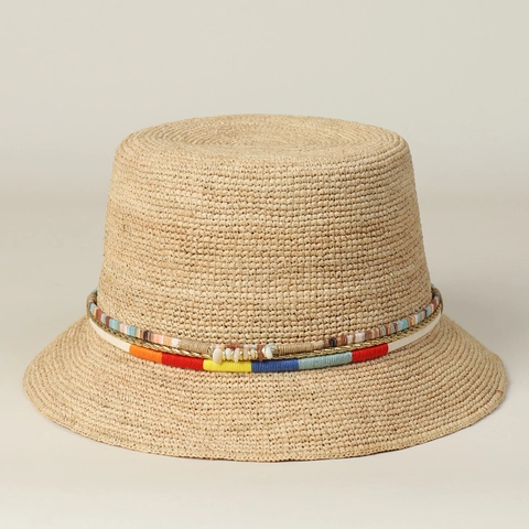 Women Raffia Straw Bucket Hat Handmade Crochet Wide Brim Sun Protection Ethnic Colorful Bead Shell Beach Vacation
