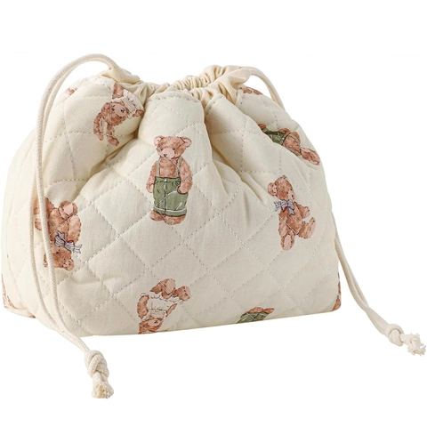 Quilted Cotton Drawstring Makeup Bag Portable High Capacity Cosmetic Storage Pouch For Travel Vintage Bear Pattern