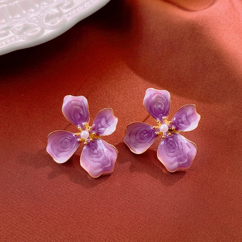 Purple Enamel Flower Petal Stud Earrings With 925 Sterling Silver Earring Post Alloy Imitation Artificial Pearl Elegant Vintage Jewelry