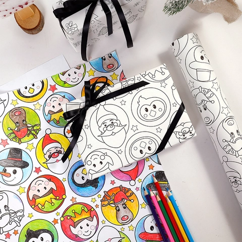 Christmas DIY Coloring Gift Wrapping Paper Retro Kraft Paper Graffiti Santa Claus Reindeer Cartoon Holiday Decorative Wrap