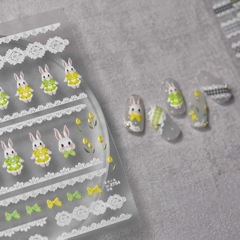 Adesivi Per Unghie Rilievo 3D Gingham Pizzo Coniglio Cartone Animato Tulipani Floreali Adesivi DIY Decorazione Manicure