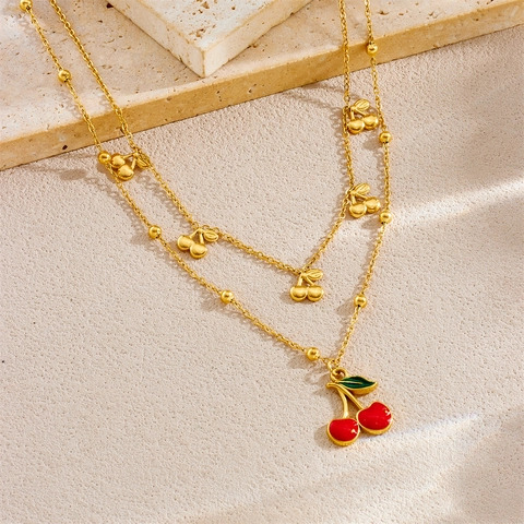 Collier Multi Rangs En Acier Inoxydable Avec Pendentifs Cerises En Émail Bijou Fruit Doré Style Doux Pour Femmes