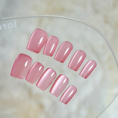Handgemachte Rosa Katzenauge Press On Nägel Transparente Jelly Kurze Quadratische Nagel-Patches Für Frauen