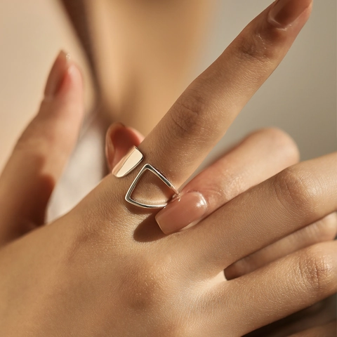 925 Sterling Silver Geometric Open Ring Minimalist Asymmetric Adjustable Finger Jewelry For Women