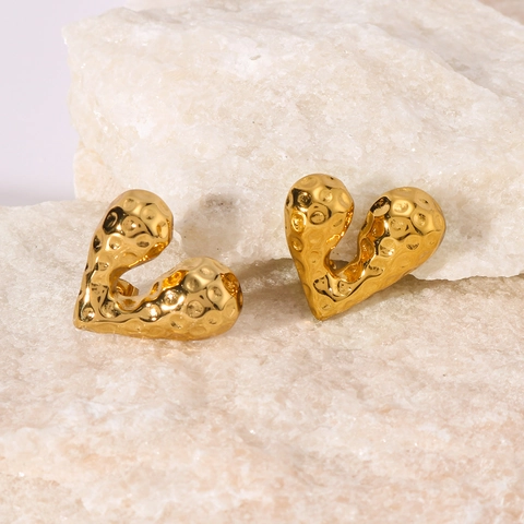 Heart Shaped Hammered Earrings Stainless Steel 18K Gold Plated Personalized Ins Style 3D Jewelry For Women