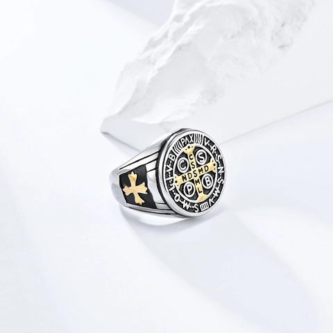 Anillo Sigillo Medaglia San Benedetto Acciaio Inossidabile Croce Religiosa Esorcista Hip Hop Punk Gioielli Per Uomo
