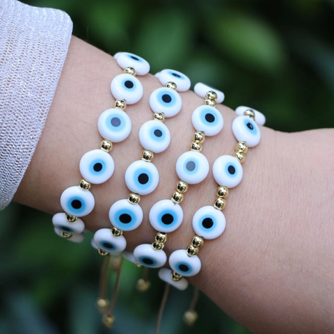 Bracciale Intrecciato a Mano con Perline Occhio del Diavolo Vetro Smaltato Rame Design Regolabile per Donna Gioielli alla Moda