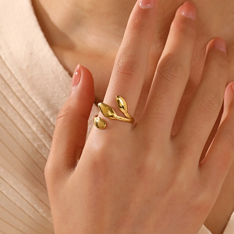 Anillo Ajustable De Hoja Acero Inoxidable Chapado En Oro De 18K Joyería De Dedo Abierto Estilo Minimalista Para Mujer