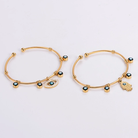 Evil Eye Hamsa Hand Cuff Bracelet 304 Stainless Steel Twisted Cable Wire Gold Plated Adjustable Amulet Jewelry Women