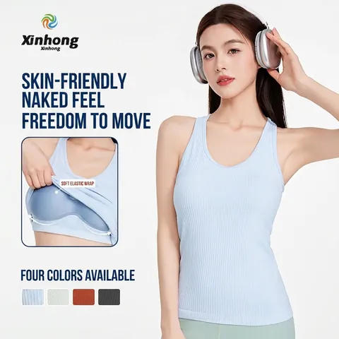 Yoga Tanktop Damen Gerippt Eingebaute Brustpolster Hochelastisch Racerback Fitness Training Schmale Passform Nylon Spandex