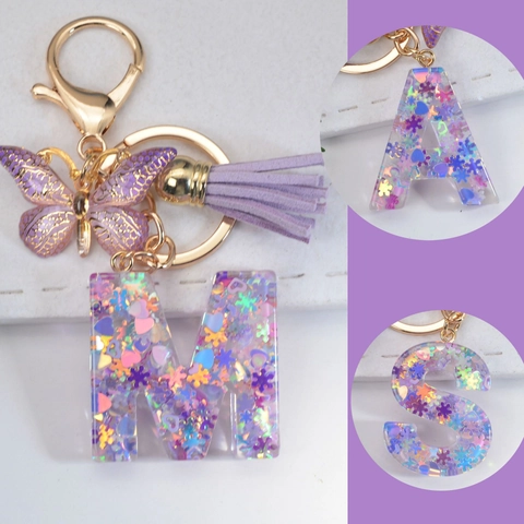 Purple Alphabet Letter Keychain Resin Bag Charm With Butterfly Pendant And Suede Tassel For Girls Women
