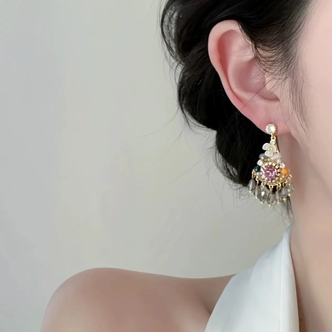 Pendientes Colgantes Bohemios De Flores Con Poste De Plata De Ley 925 Cristal Strass Joyería Étnica Vintage