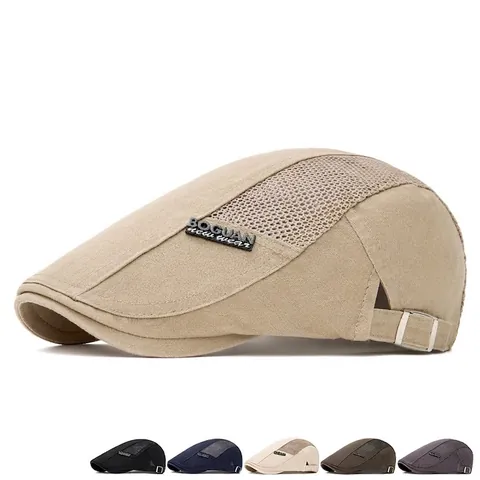 Herren Mesh Patchwork Atmungsaktive Schirmmütze Baumwolle Newsboy Flat Cap Sommer Sonnenschutz Verstellbar Vintage