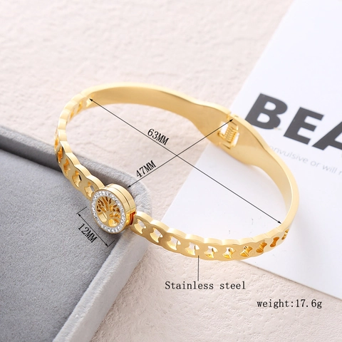 Brazalete Árbol De Vida Acero Inoxidable Corazón Hueco Incrustación Diamantes Imitación Apertura Resorte Mujer