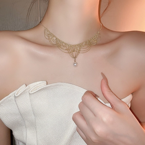 Vintage Gold Legierung Künstliche Perle Halskette Damen Elegant Französisch Palast Stil Spitze Künstliche Perlen Netz Fransen Schmuck