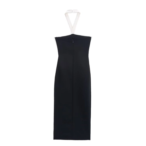 Halter Neck Midi Kleid Polyester Kontrastfarbe Künstliche Perlenbesatz Slim Fit Schleife Rückenreißverschluss Elegant Damen
