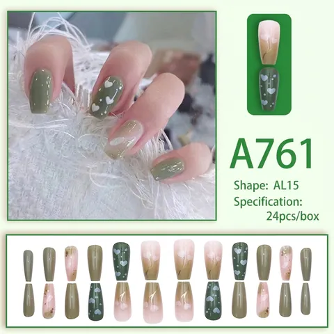 Uñas Postizas A Presión Verde Oliva Nude Traslúcido Con Patrones Flores Corazón Blanco Purpurina Pan De Oro Forma Ataúd Cobertura Completa