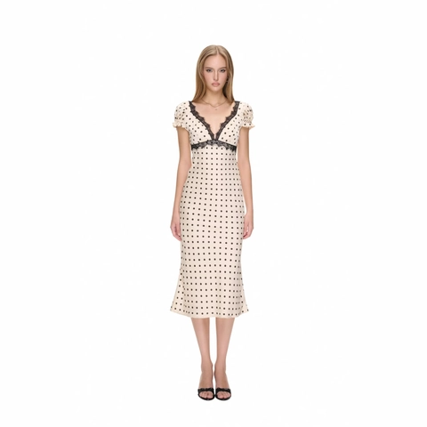 Vestito Midi Donna Francese Retrò Sexy Scollo A V Pois Pizzo Nero Maniche A Sbuffo Schiena Scoperta Raso Poliestere
