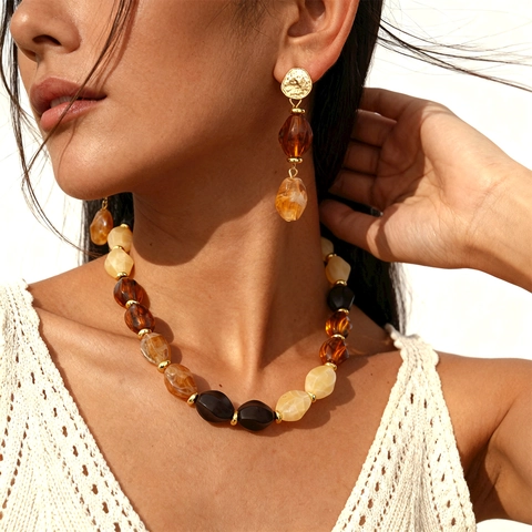 Vintage Oval Beaded Necklace And Earrings With Silver Earring Post Alloy Acrylic Bohemian Geometric Jewelry For Women