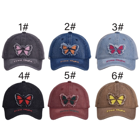 Casquette De Baseball Patch Papillon Denim Lavé Style Rétro Ajustable Chapeau Soleil Décontracté Hommes Femmes