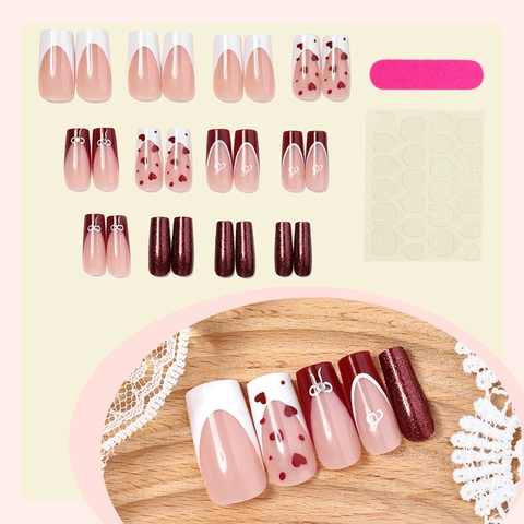 Unghie Finte Press On French Tip Design Cuore Fiocco Moda Elegante Resina ABS Decorazione Manicure