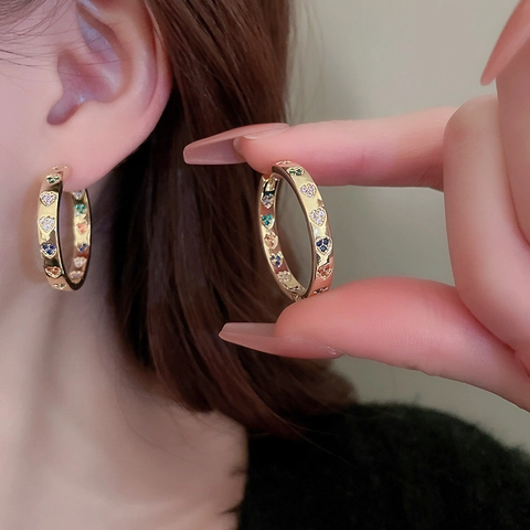 Bunte Herz Zirkonia Creolen Kupfer Vergoldet Mit 925 Sterling Silber Ohrstecker Retro Mode Für Damen
