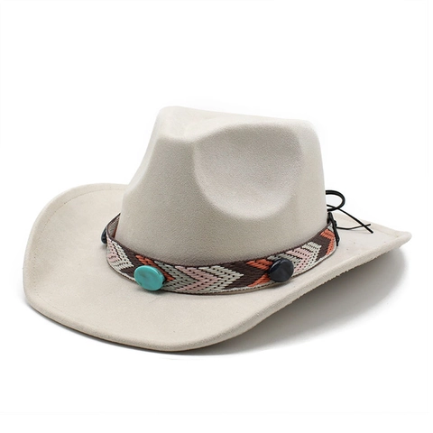 Chapeau De Cow-Boy Occidental Faux Daim Fedora À Bord Large Avec Bande Tissée Ethnique Décoration Turquoise Style Bohémien