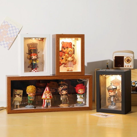 3D Hohl Fotorahmen LED Schaukasten Für Blind Box Sammlerstücke Desktop Aufbewahrung MDF Holzmaserung Glas Modern Deko