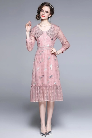 Abito Midi In Pizzo Rosa Con Maniche Lunghe E Colletto Peter Pan Ricamo Floreale Elegante Vestibilità Slim Per Donna