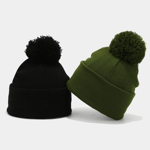 Gorro De Invierno Beanie Pompon Acrilico Punto Termico Dobladillo Color Solido Exterior Calido Unisex